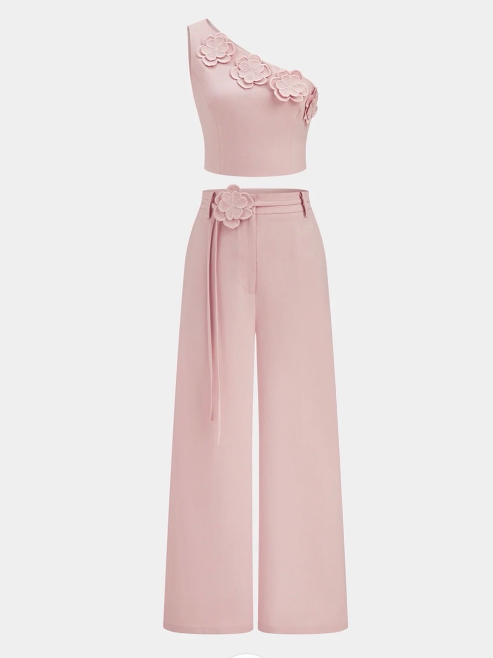 Commense 3D Flower One-Shoulder Wide-Leg Pants Set